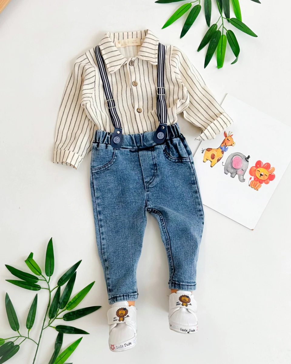 Çizgili keten gömlekli askı detaylı kot pantolonlu mevsimlik 2 parça takım