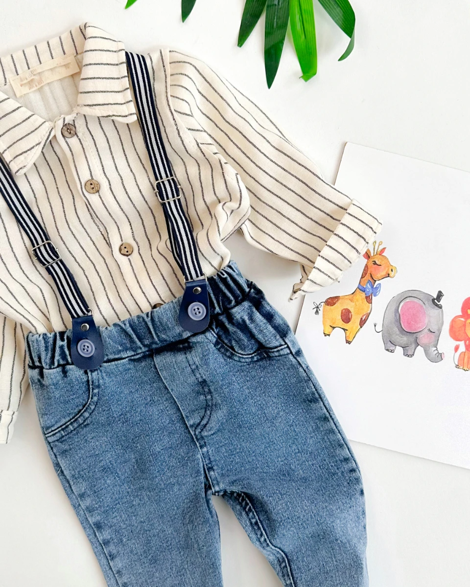 Çizgili keten gömlekli askı detaylı kot pantolonlu mevsimlik 2 parça takım