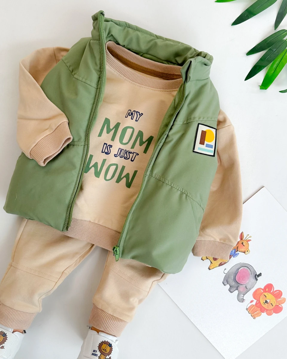 Geometrik şekil armalı şişme yelekli mevsimlik 3 parça takım 