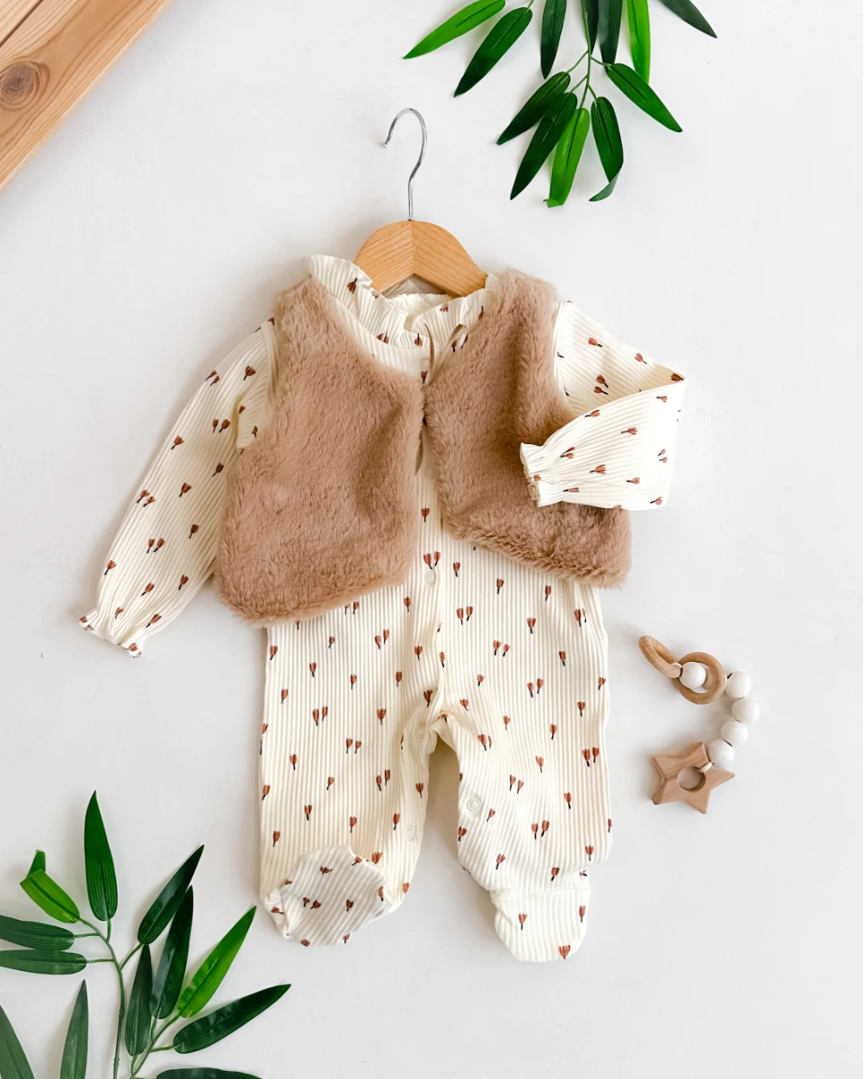 Lale detaylı tulum premium kürk detaylı kız bebe tulum