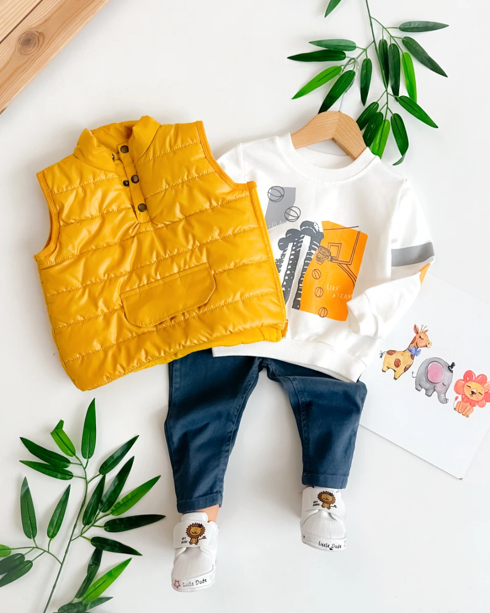 Önü kapalı sahte cepli şişme yelekli mevsimlik parça takım