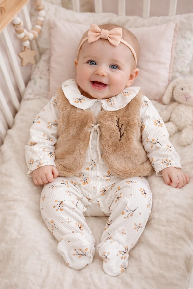 Pamukçuklar detaylı tulum premium kürk detaylı kız bebe tulum