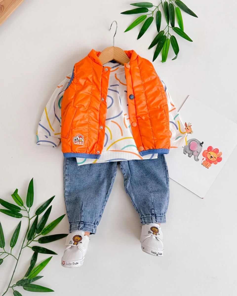 Renkli çizgi şekiller şişme yelekli mevsimlik 3 parça takım