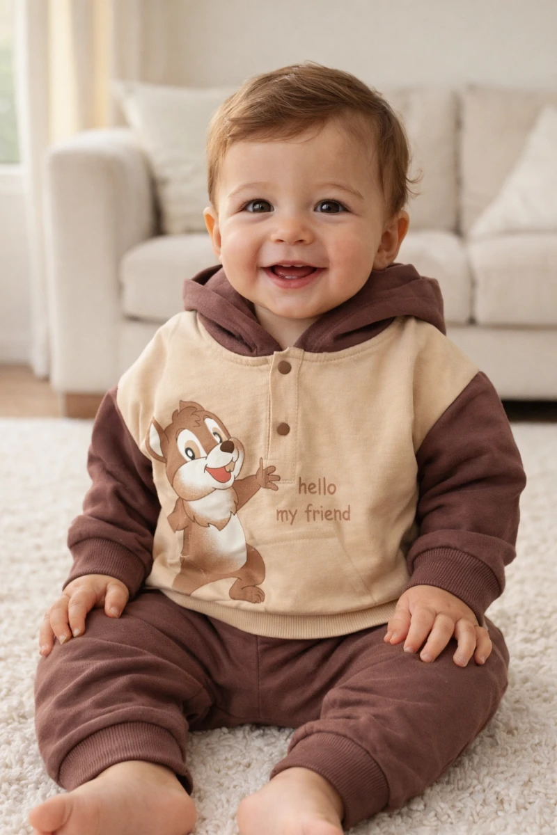 Sincap baskılı kapüşonlu mevsimlik unisex bebe takım