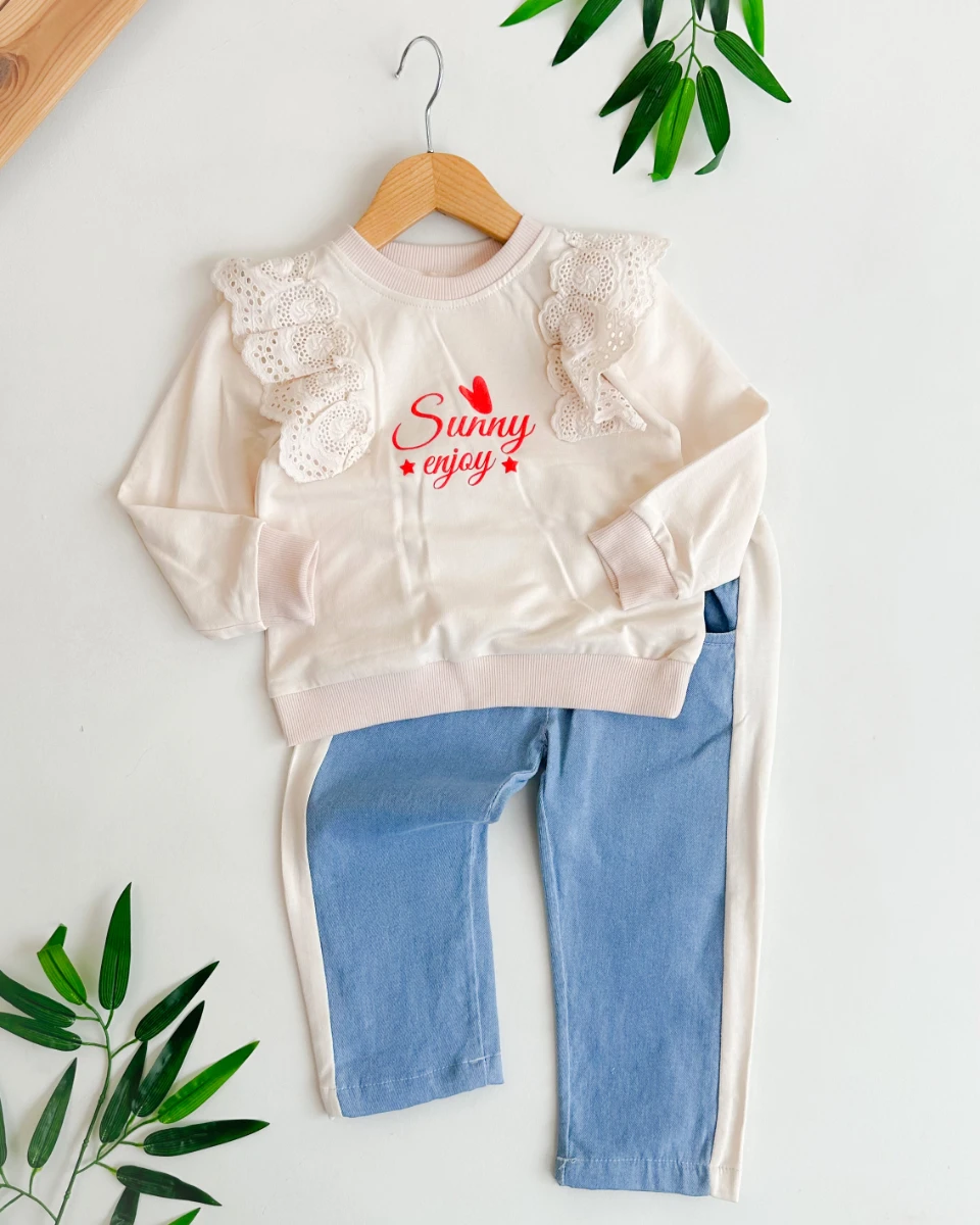 Sunny enjoy omuzlarda güpür detaylı mevsimlik 2li kız çocuk takım