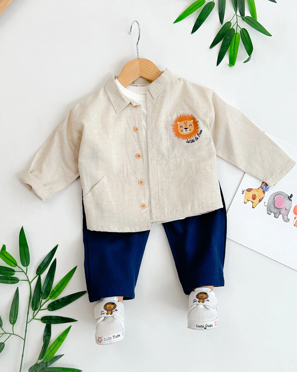 Wild free aslan baskılı cep detay gömlekli keten kumaş 3 parça takım