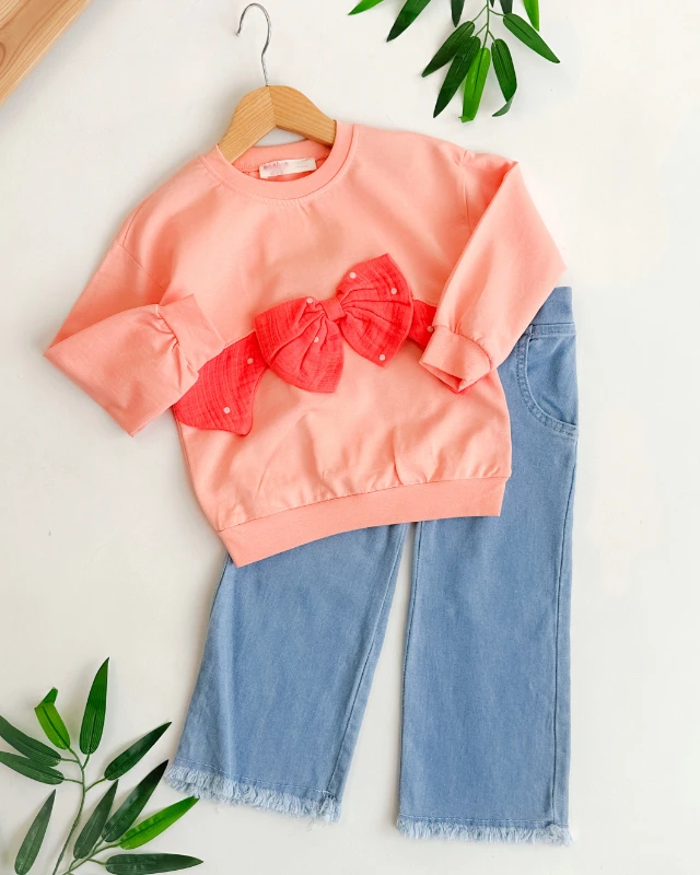 Büyük puantiyeli fiyonk detaylı kot pantolonlu mevsimlik 2li kız çocuk takım