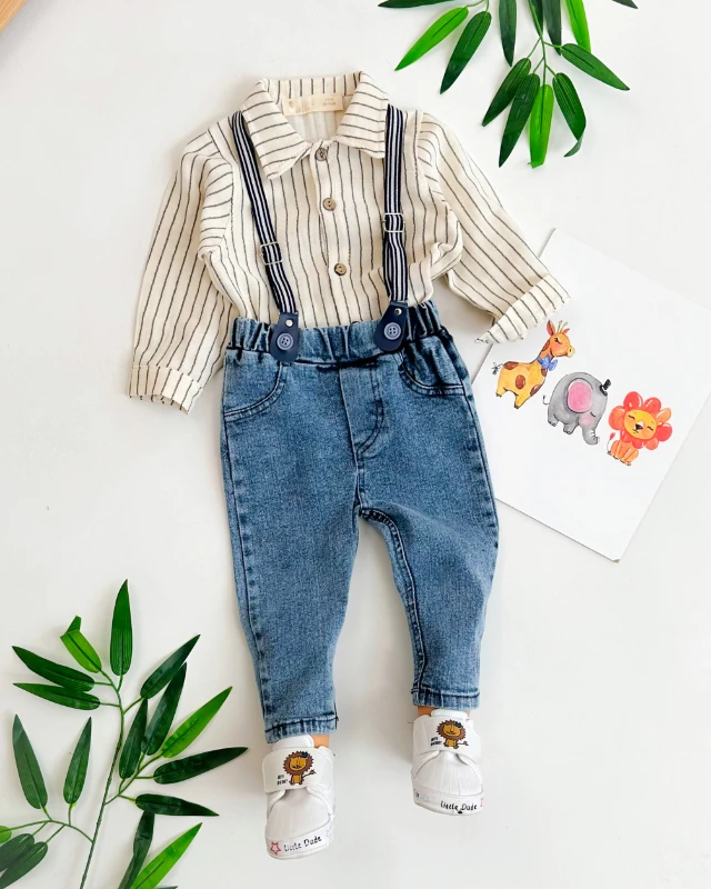 Çizgili keten gömlekli askı detaylı kot pantolonlu mevsimlik 2 parça takım