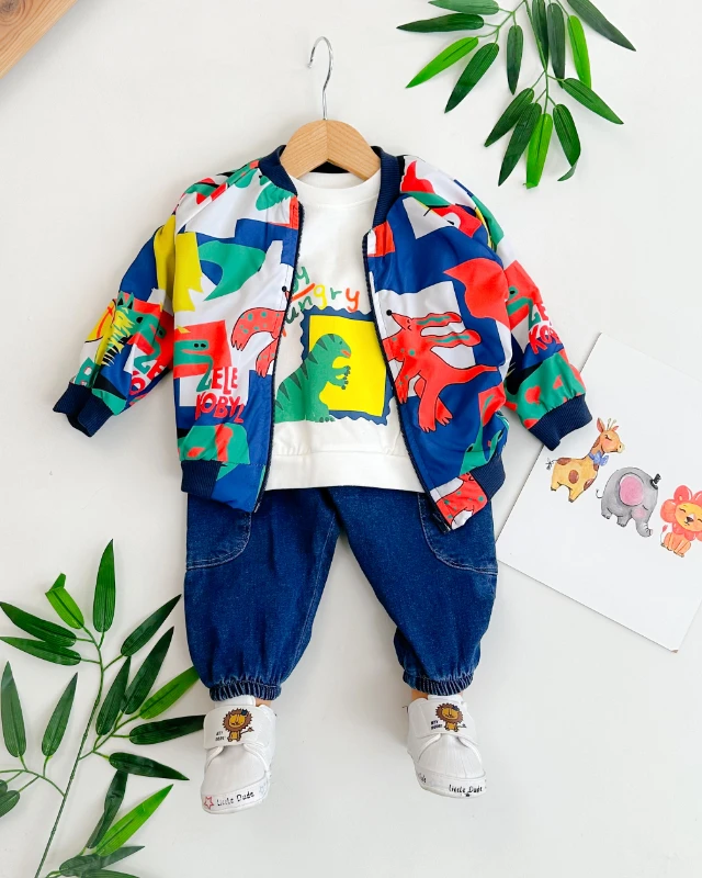 My boy hungry renkli çizimler detaylı yağmurluklu 3 parça takım