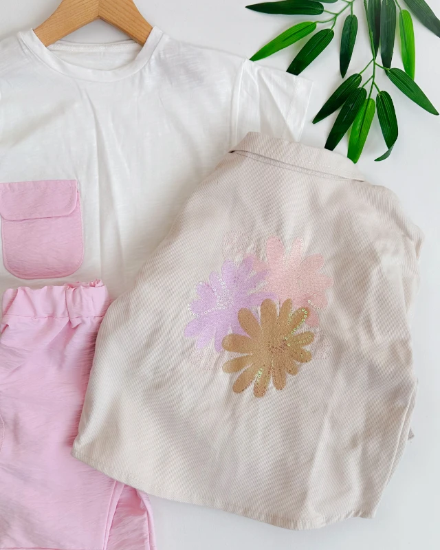 Pul detaylı çiçek nakış ceketli mevsimlik 3 parça takım