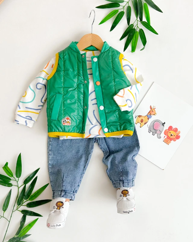 Renkli çizgi şekiller şişme yelekli mevsimlik 3 parça takım