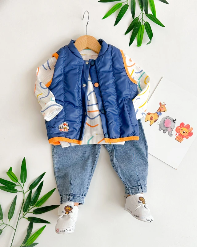 Renkli çizgi şekiller şişme yelekli mevsimlik 3 parça takım