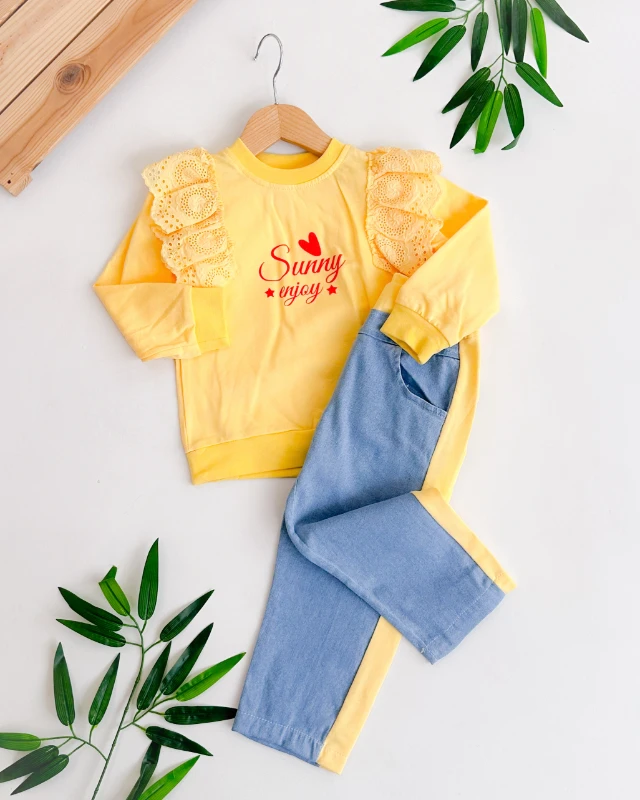 Sunny enjoy omuzlarda güpür detaylı mevsimlik 2li kız çocuk takım