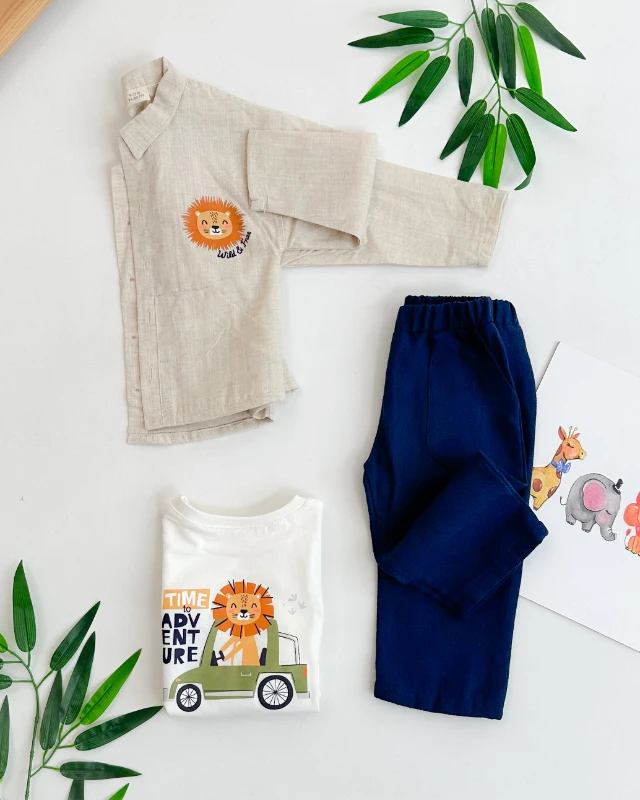 Wild free aslan baskılı cep detay gömlekli keten kumaş 3 parça takım