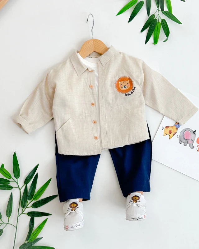 Wild free aslan baskılı cep detay gömlekli keten kumaş 3 parça takım