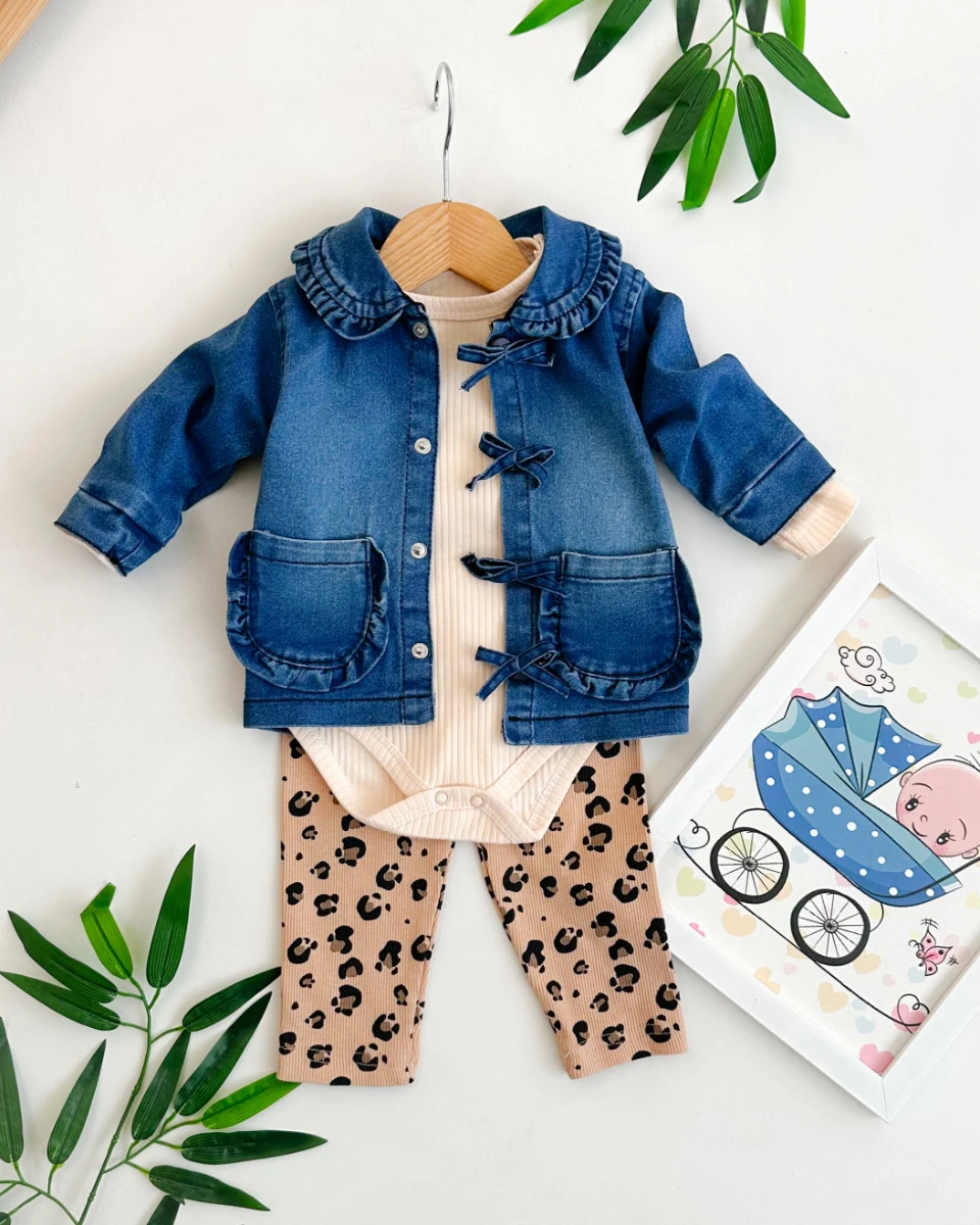 Fiyonk detaylı kot ceketli kız bebe takım