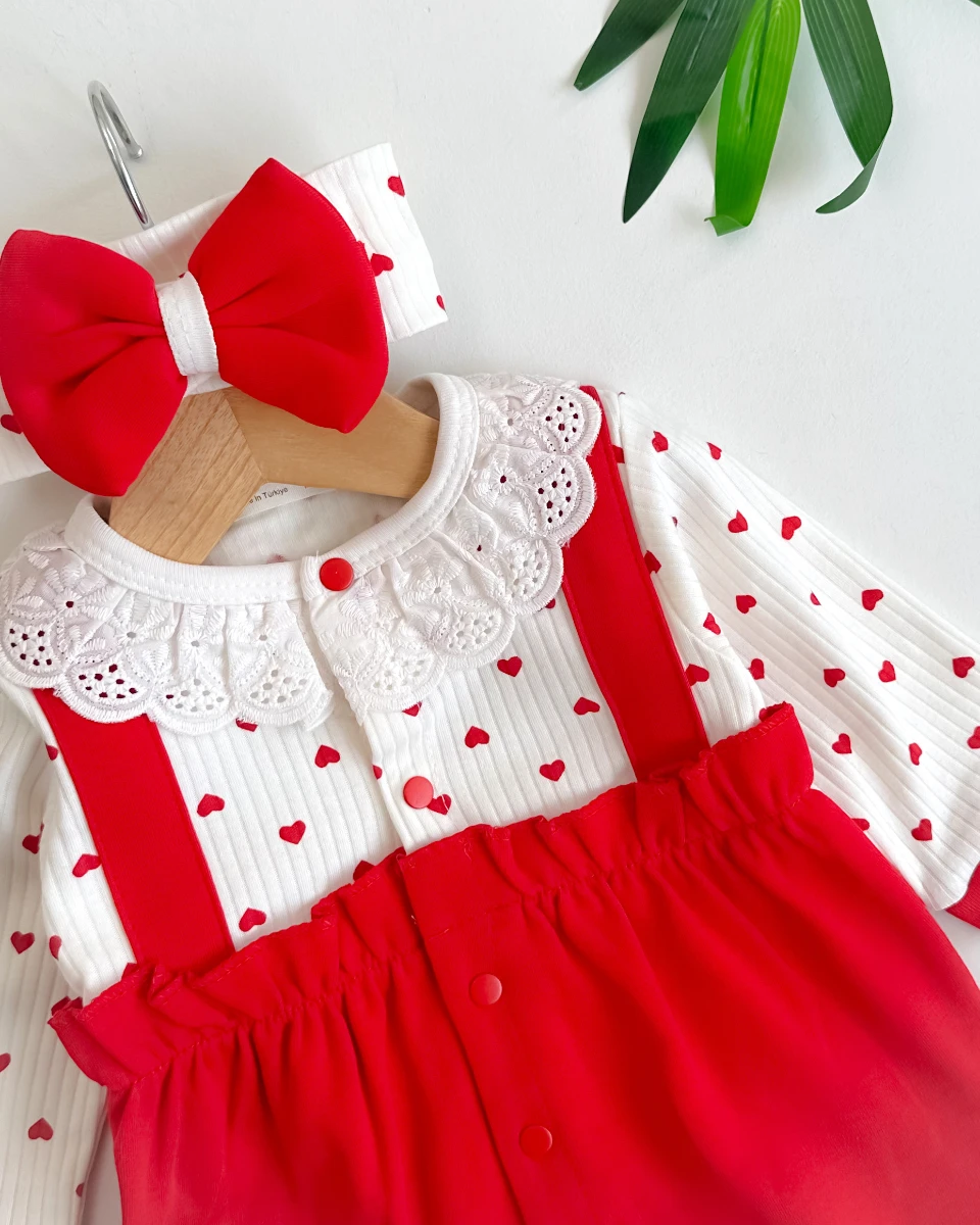 Güpür dantel yaka salopet görünümlü bandanalı kız bebe tulum