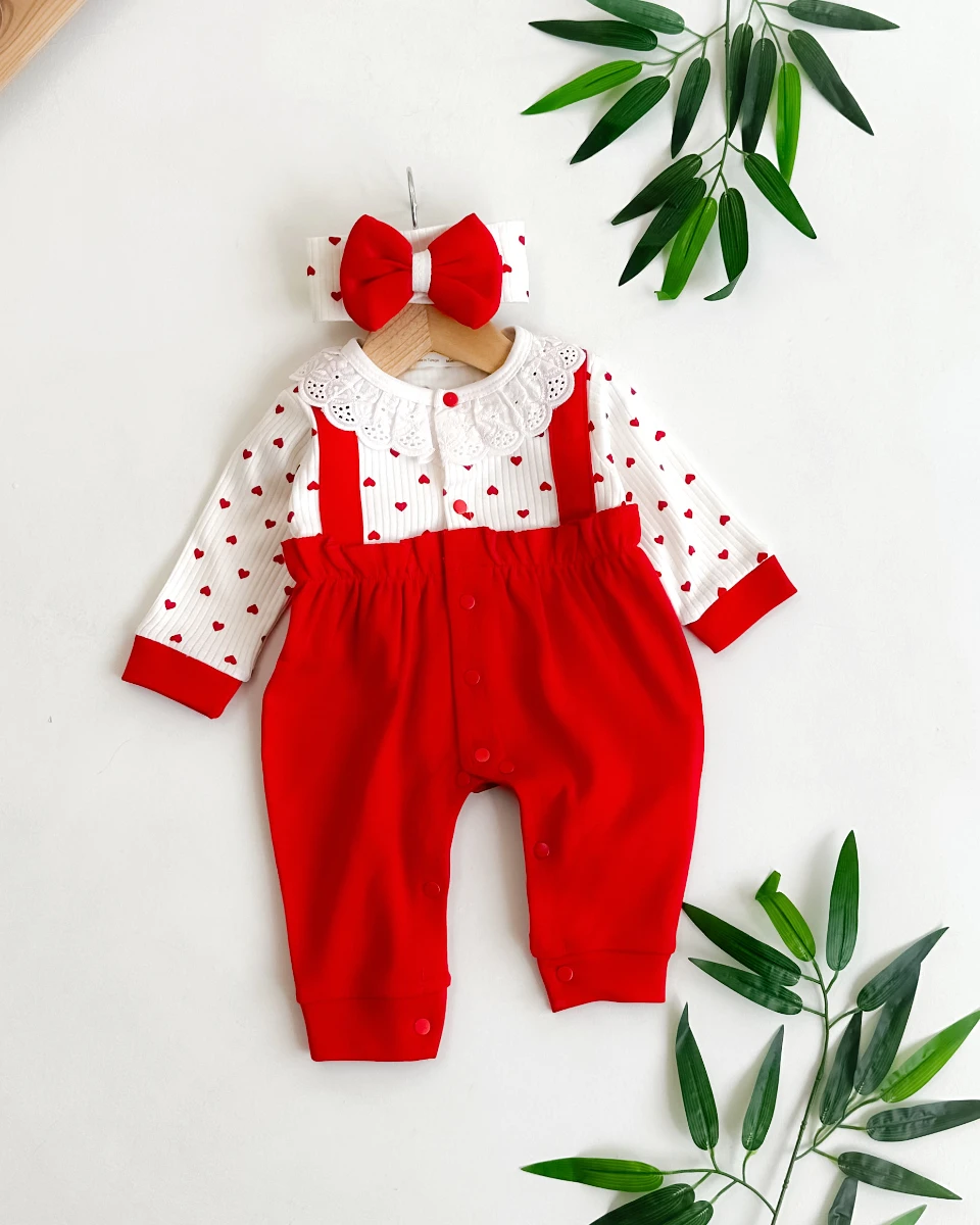 Güpür dantel yaka salopet görünümlü bandanalı kız bebe tulum
