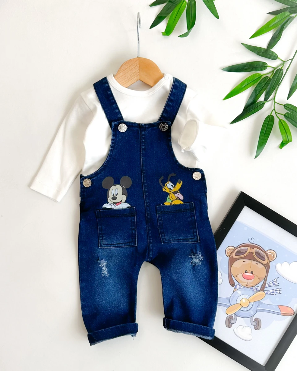 Mickey and pluto baskılı erkek bebe kot salopet