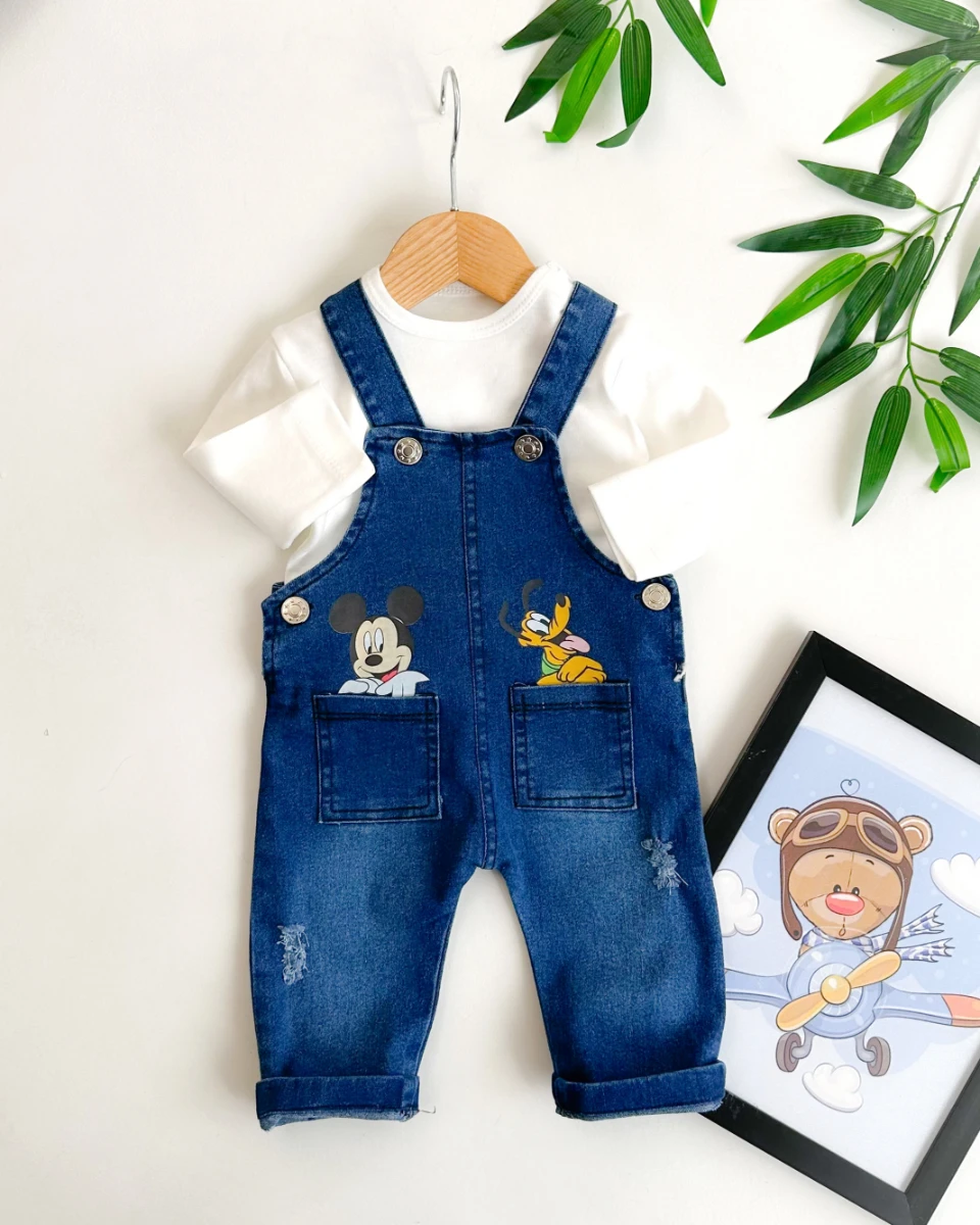 Mickey and pluto baskılı erkek bebe kot salopet