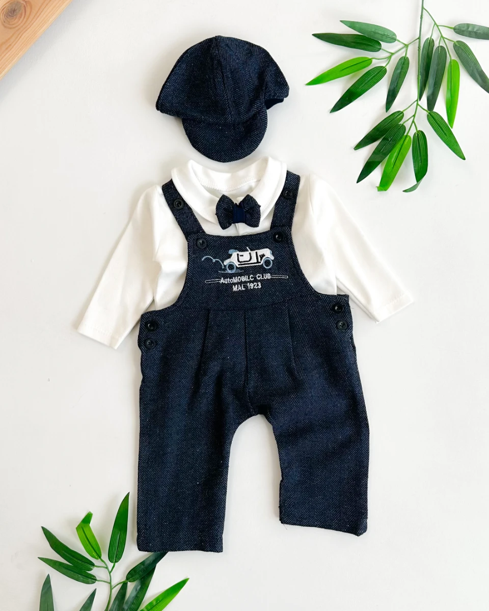 Otomobil nakış detaylı kasketli 4lü erkek bebe salopet takım