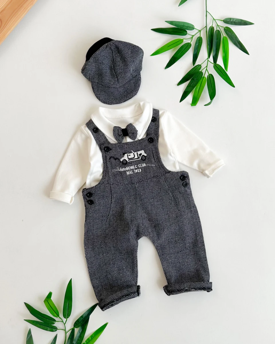 Otomobil nakış detaylı kasketli 4lü erkek bebe salopet takım