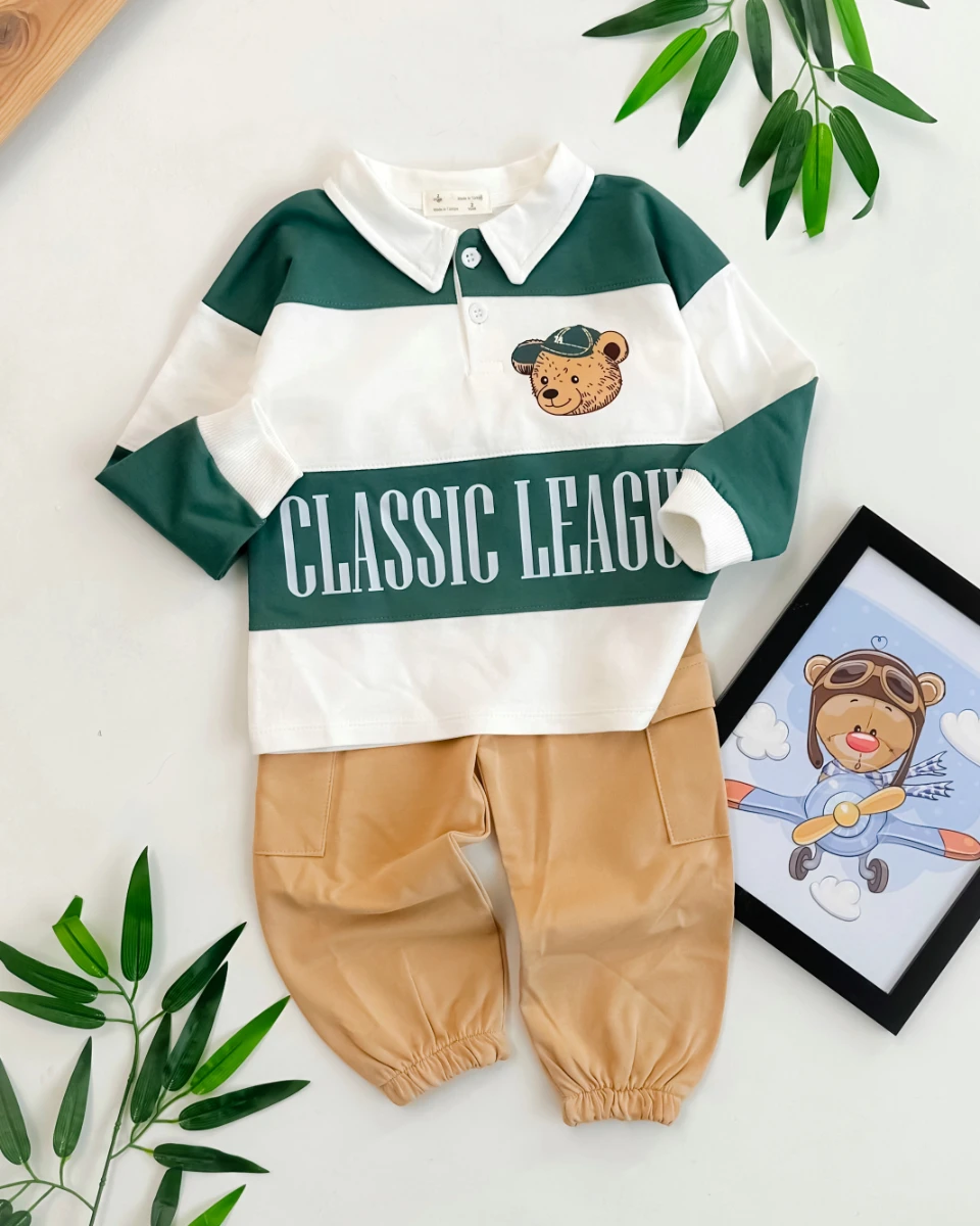 Polo yaka çizgili kargo pantolonlu mevsimlik 2li çocuk takım