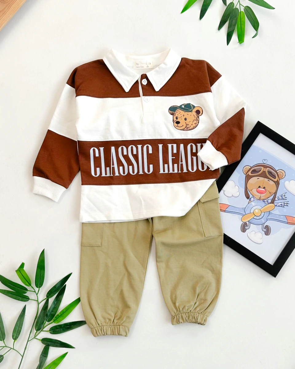 Polo yaka çizgili kargo pantolonlu mevsimlik 2li çocuk takım