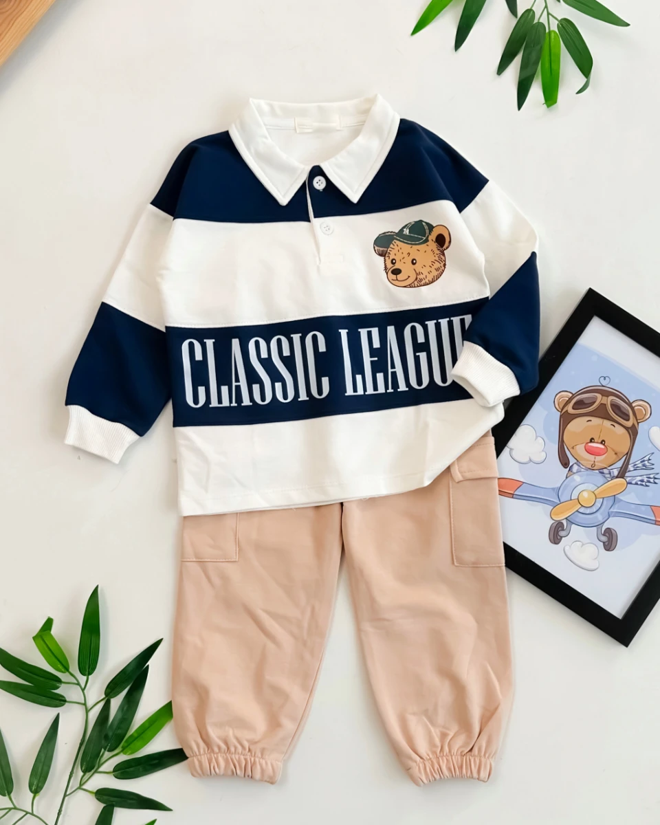 Polo yaka çizgili kargo pantolonlu mevsimlik 2li çocuk takım