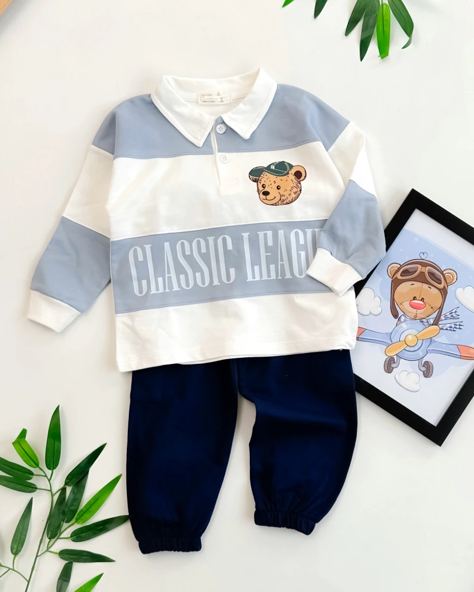 Polo yaka çizgili kargo pantolonlu mevsimlik 2li çocuk takım