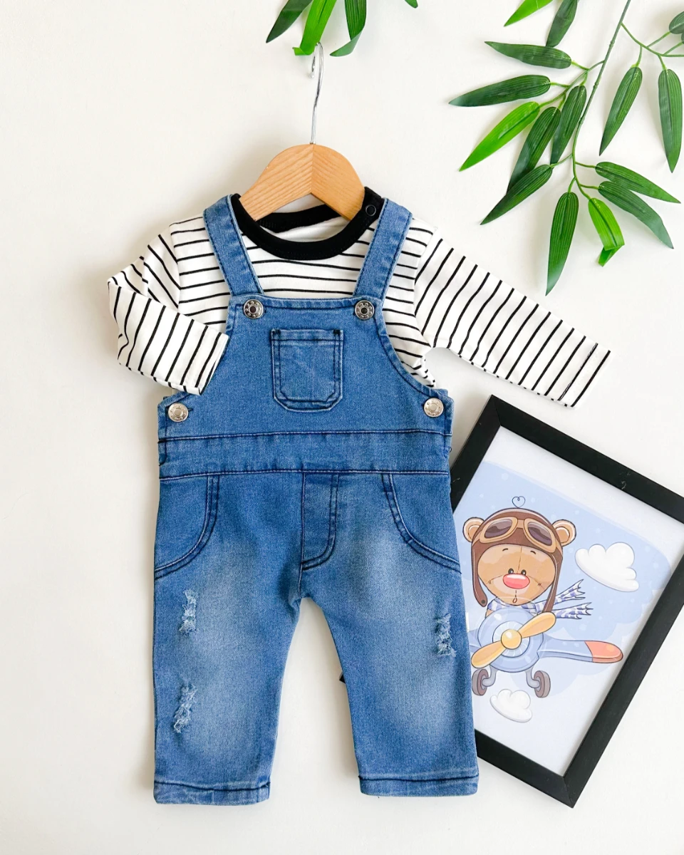 Siyah çizgili sweatshirt önde cep detaylı erkek bebe kot salopet