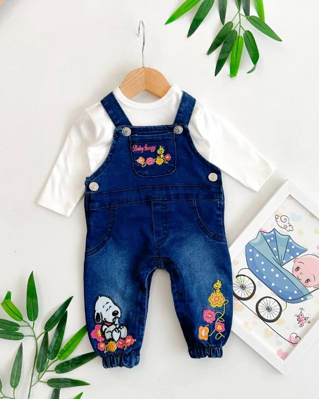 Baby snoppy nakışlı kız kot salopet