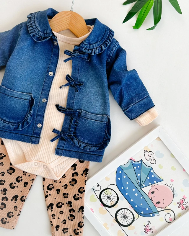 Fiyonk detaylı kot ceketli kız bebe takım