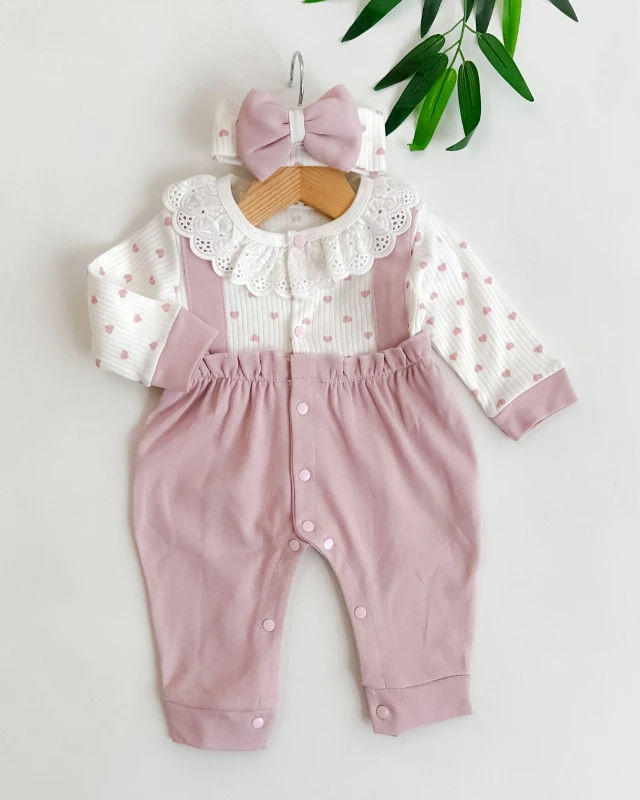 Güpür dantel yaka salopet görünümlü bandanalı kız bebe tulum