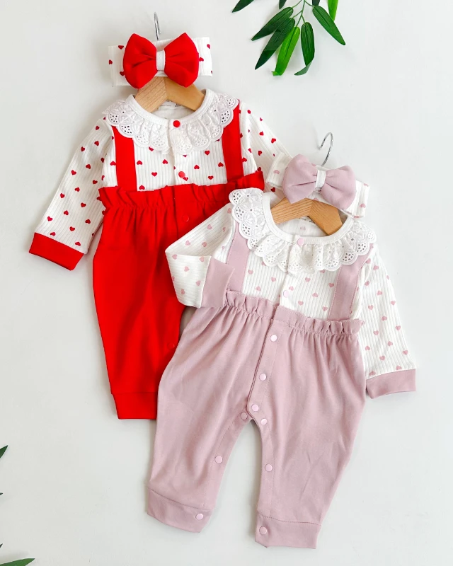 Güpür dantel yaka salopet görünümlü bandanalı kız bebe tulum