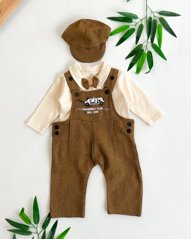 Otomobil nakış detaylı kasketli 4lü erkek bebe salopet takım