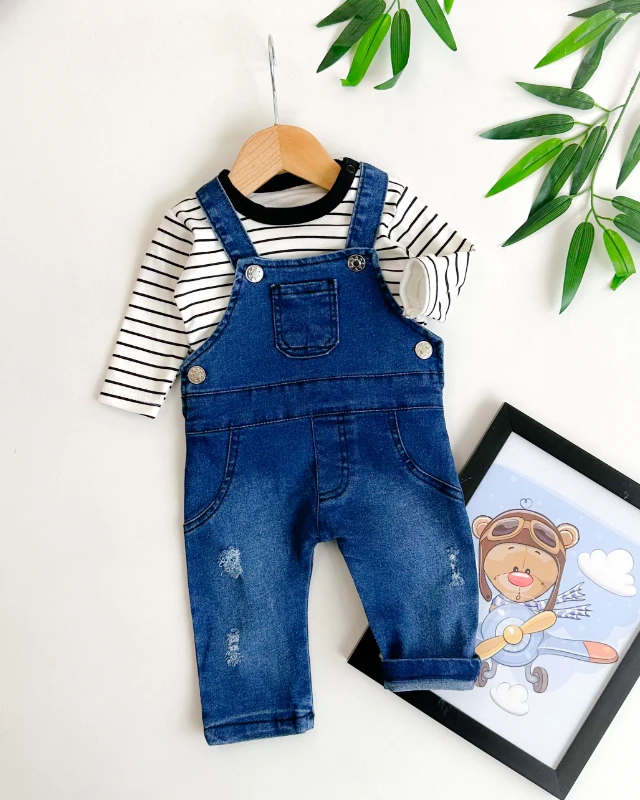 Siyah çizgili sweatshirt önde cep detaylı erkek bebe kot salopet