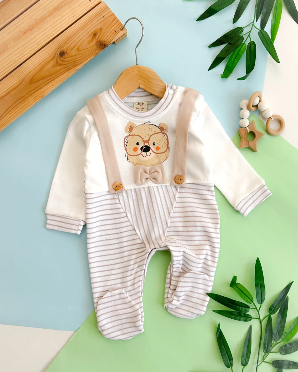 Gözlüklü ayıcık sahte askı çizgili alttan ve omuzdan çıtçıtlı ayaklı mevsimlik tulum