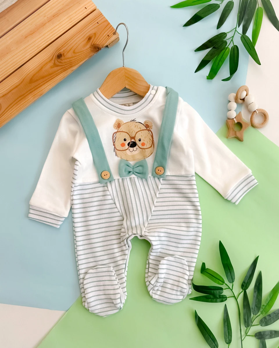 Gözlüklü ayıcık sahte askı çizgili alttan ve omuzdan çıtçıtlı ayaklı mevsimlik tulum