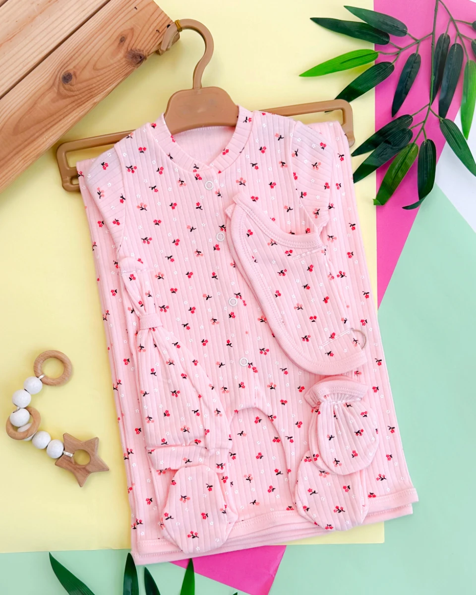 Küçük çiçek bahçesi baskılı tulumlu fitilli kumaş mevsimlik 5 parça set 