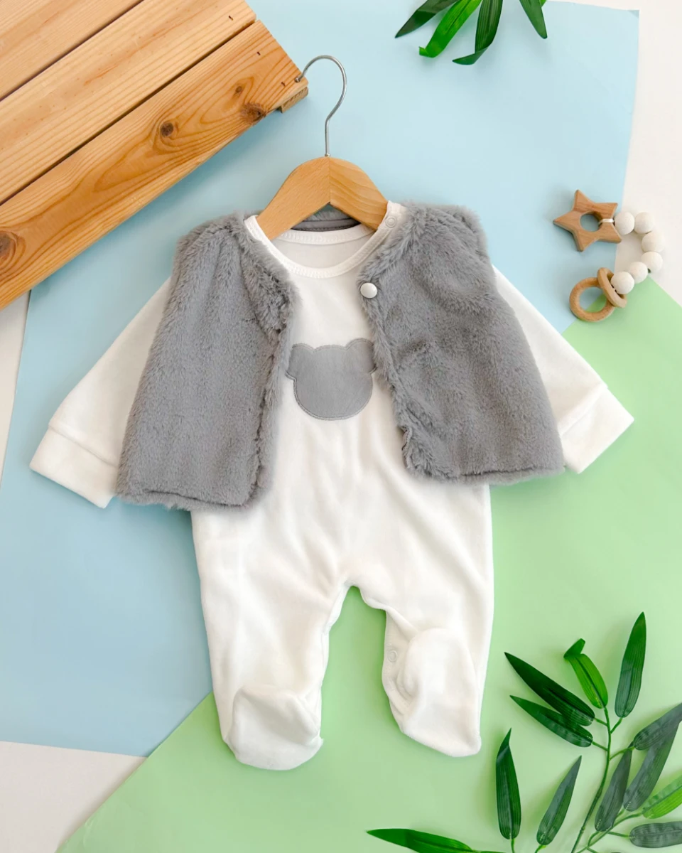 Peluş yelekli bear nakış alttan ve omuzdan çıtçıtlı ayaklı 2 parça kadife tulum
