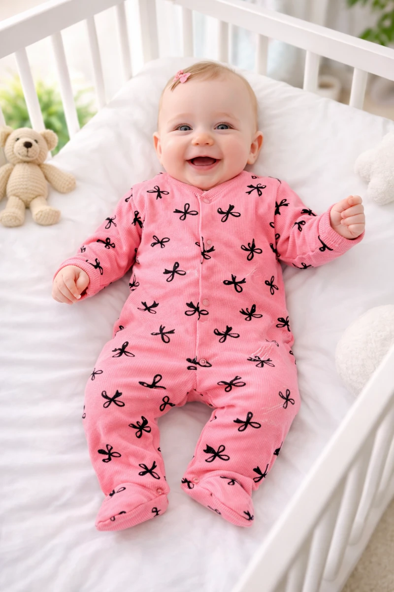 Fiyonk desenli ayaklı ribana kumaş boydan çıtçıtlı bebe tulum