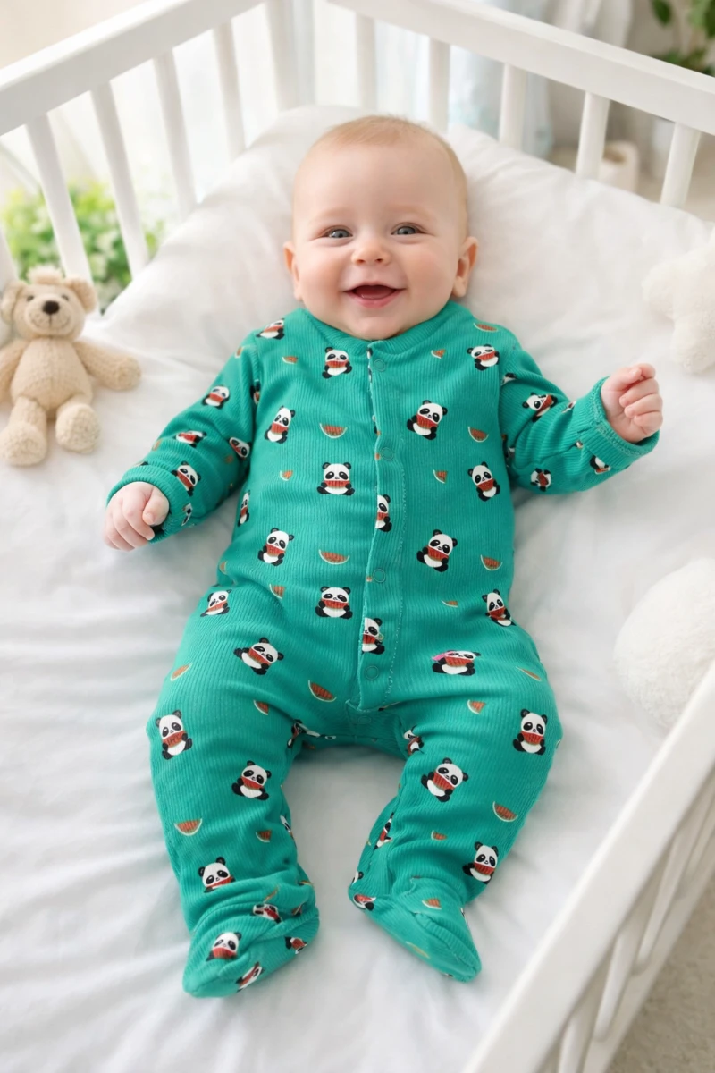 Panda karpuz desenli ayaklı ribana kumaş boydan çıtçıtlı bebe tulum