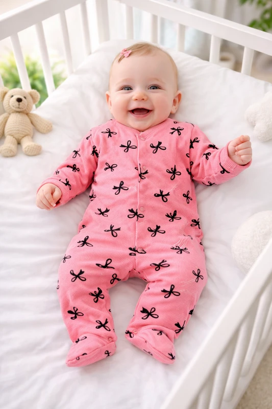 Fiyonk desenli ayaklı ribana kumaş boydan çıtçıtlı bebe tulum