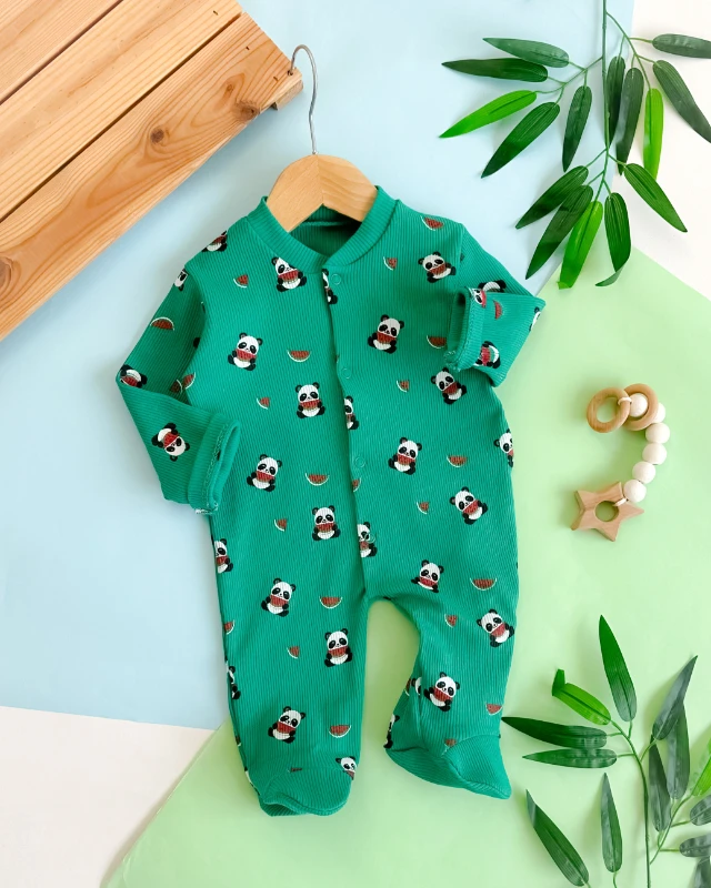 Panda karpuz desenli ayaklı ribana kumaş boydan çıtçıtlı bebe tulum
