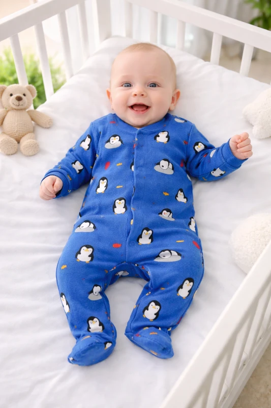 Penguen balık desenli ayaklı ribana kumaş boydan çıtçıtlı bebe tulum