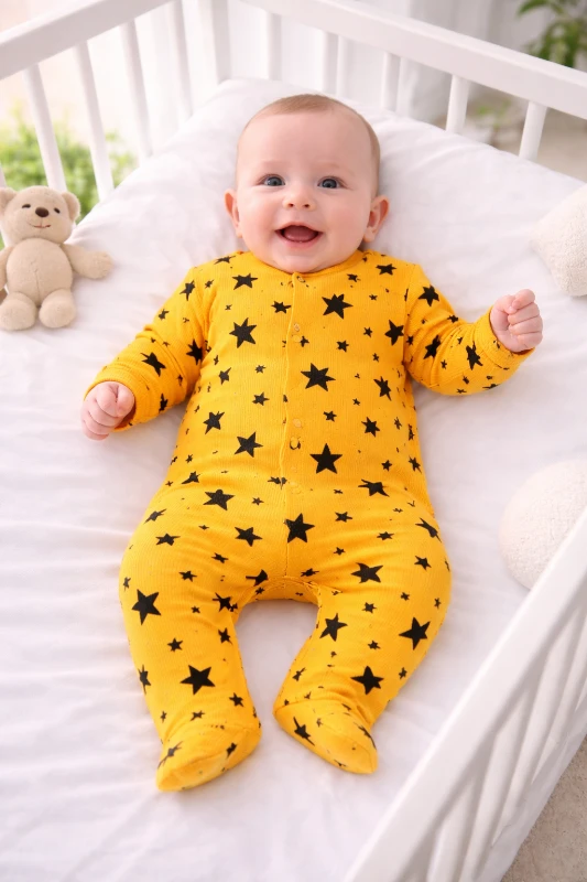 Yıldız desenli ayaklı ribana kumaş boydan çıtçıtlı bebe tulum