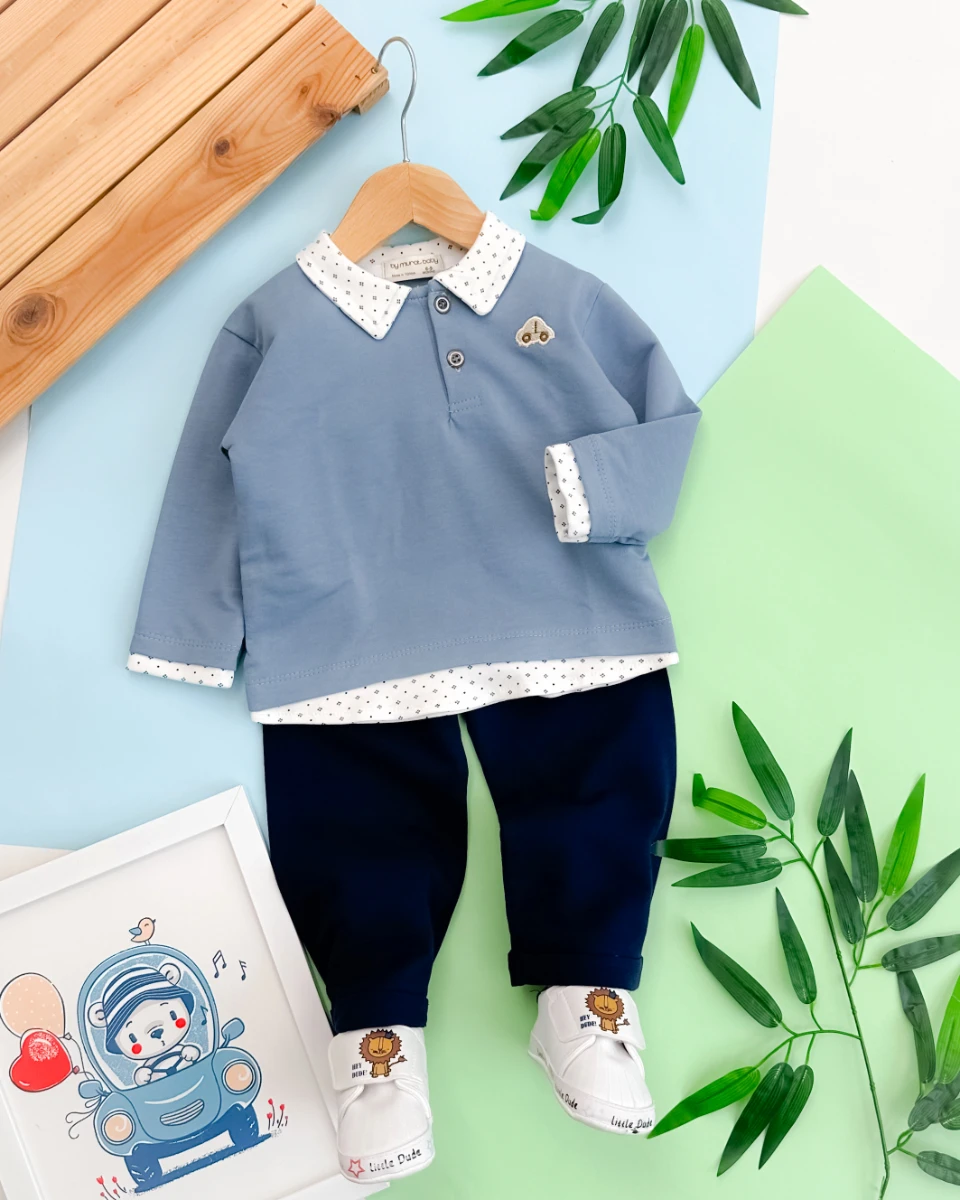 Minik araba nakışlı gömlek yaka görünümlü mevsimlik 2 parça takım