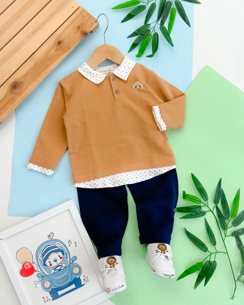 Minik araba nakışlı gömlek yaka görünümlü mevsimlik 2 parça takım