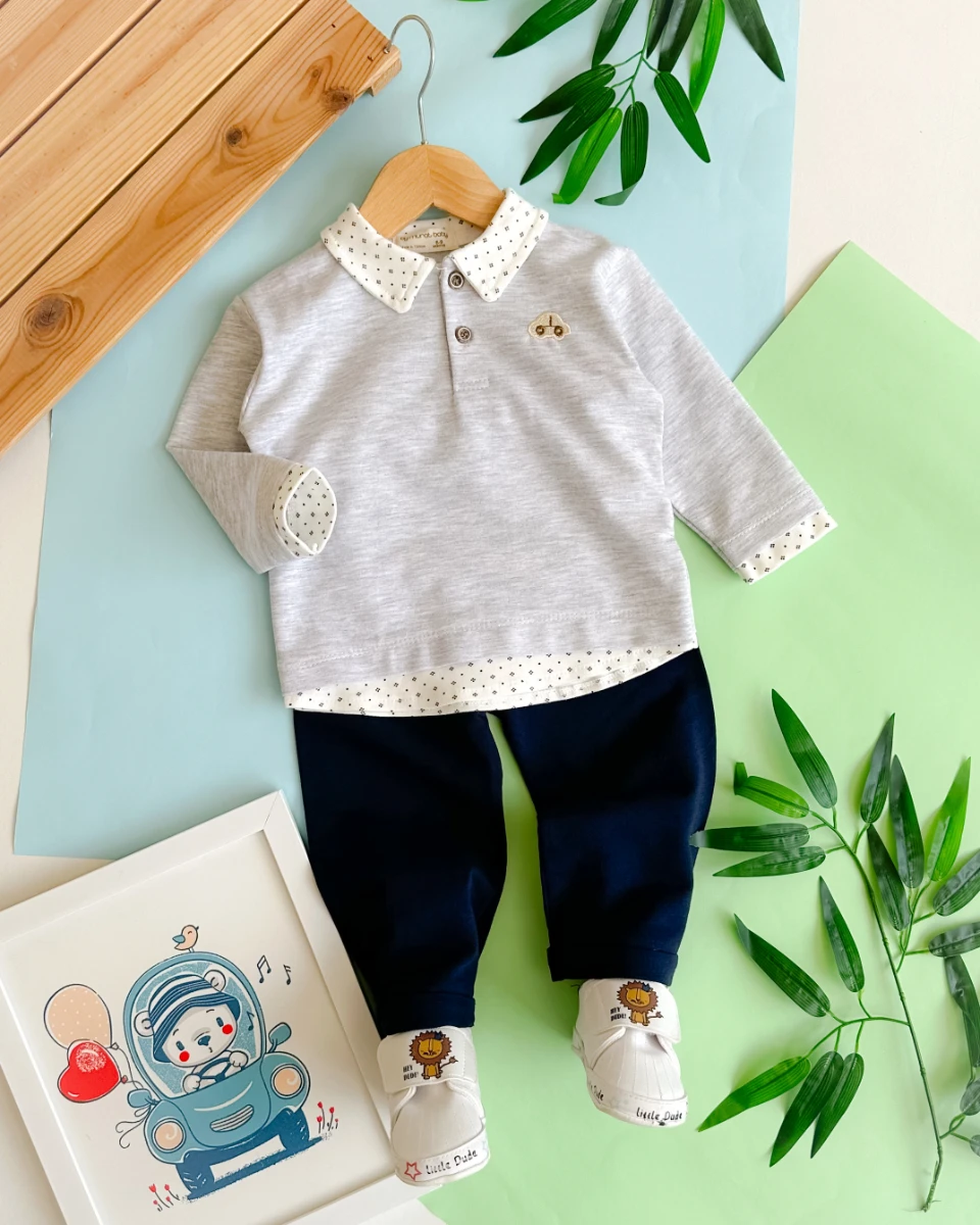 Minik araba nakışlı gömlek yaka görünümlü mevsimlik 2 parça takım